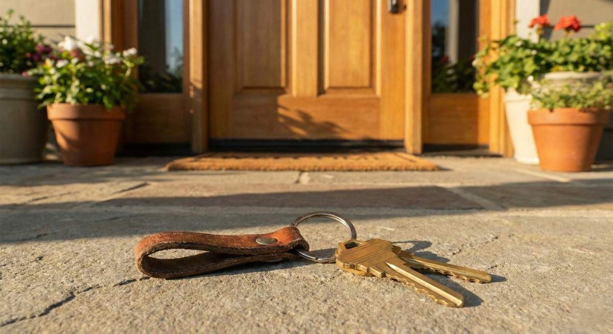 House keys in front of a home entrance